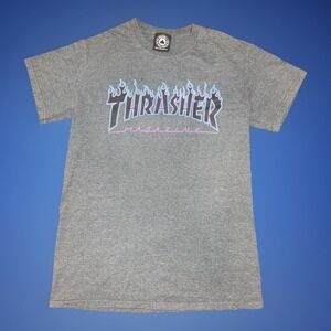Thrasher Shirt Mens Small Gray Blue Flame Logo Skateboarding Magazine Tee Cotton